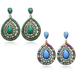 ZRosse 2 Pairs Fashion Vintage Ethnic Boho Inlaid Zircon Earrings Set For Women Bohemian Multilayer Drop Earring Jewelry