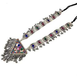 Afghan Tribal Baloch Long Pendant Necklace in Metal Soft Bells Multi Color Stones