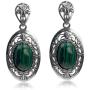 Sterling Silver Imitation Malachite Filigree Oval Earrings Pendant Set Chain 18 Inches