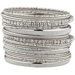 Lux Accessories Glitter Sparkle Mixed Metal Pave Crystal Textured Multiple Bangle Set