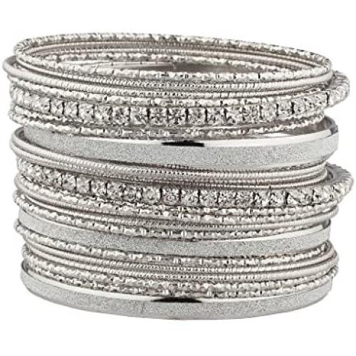 Lux Accessories Glitter Sparkle Mixed Metal Pave Crystal Textured Multiple Bangle Set