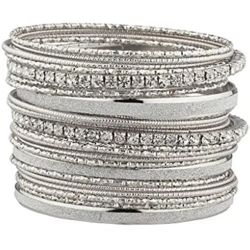 Lux Accessories Glitter Sparkle Mixed Metal Pave Crystal Textured Multiple Bangle Set