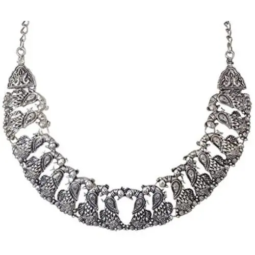 Sansar India Oxidized Silver Plated Peacock Choker Indian Necklace Jewelry for Girls and Women Sansar India Oxidized Silver Plated Peacock Choker Indian Necklace Jewelry for Girls and Women