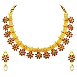 Aheli Bollywood Flower Shape Multicolor Colored Faux Stone Wedding Necklace Earrings Indian Fashion Jewelry Set for Women