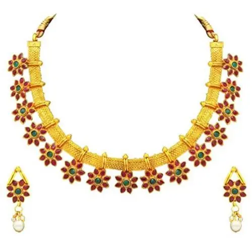 Aheli Bollywood Flower Shape Multicolor Colored Faux Stone Wedding Necklace Earrings Indian Fashion Jewelry Set for Women