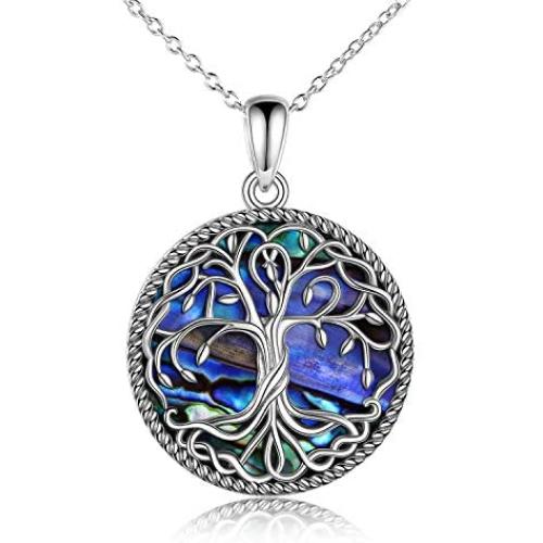 Tree of Life Necklace for Women Sterling Silver Family Tree Alabone Shell/Turquoise Pendant Necklace Celtic Knot Irish Jewelry Gifts for Girls