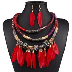 XY Fancy Feather Pendant Multi Layers Tribal Bib Necklace Statement Earring Jewelry Set