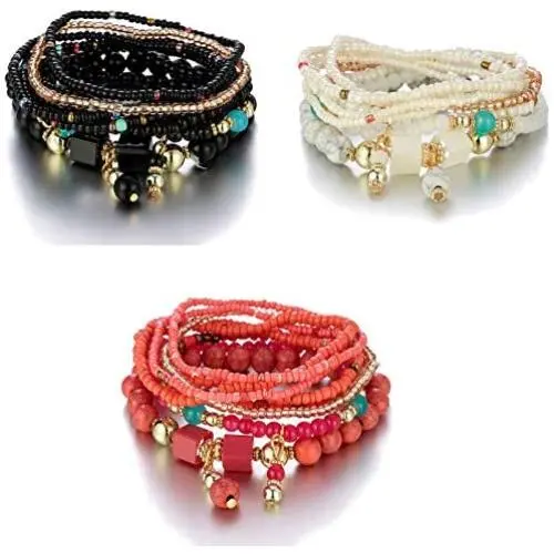 Fuqimanman2020 3 Pcs Bohemian Stackable Bead Bracelets Set Multilayered Stretch Beaded Bracelets Boho Bangles Multicolor Bracelet for Women Girls Jewelry