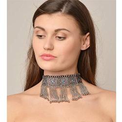 Zephyrr Necklace Boho Tribal Style Oxidized Silver Pendant Trendy Tassel Choker For Girls and Women
