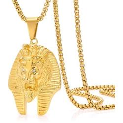 ROWIN&CO 18K Gold Plated Stainless Steel Lion Pendant Necklace Hip Hop Jewelry Personalized Egyptian Pharaoh King Costume Chain Pendant Gifts for Men, with 24'' Chain