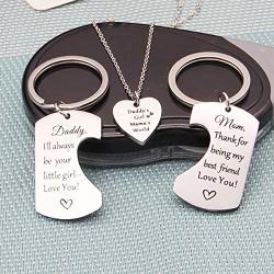 redrain Family Best Gift Encouraging Jewelry Daddys Girl Mommys World Set of 3 Puzzle Heart Pendant Necklace Keychain Keyring for Dad Mom Daughter Gifts