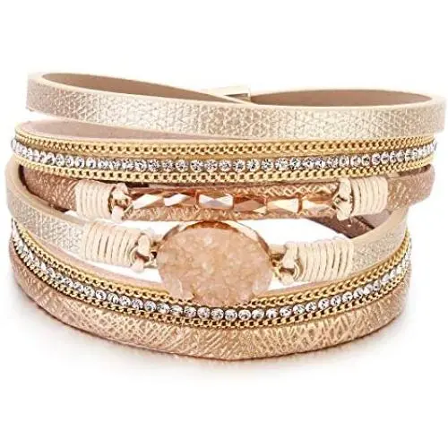 FANCY SHINY Leather Wrap Bracelet Boho Cuff Bracelets Crystal Bead Bracelet with Magnetic Clasp Jewelry Gifts for Women Teen Girls FANCY SHINY Leather Wrap Bracelet Boho Cuff Bracelets Crystal Bead Bracelet with Magnetic Clasp Jewelry Gifts for Women Teen Girls