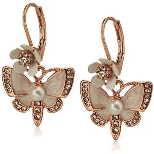 Betsey Johnson Womens Rose Gold and White Butterfly Drop Earrings Betsey Johnson Womens Rose Gold and White Butterfly Drop Earrings