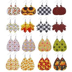 Fall Leather Earrings Buffalo Plaid Earrings for Women Pumpkin Sunflower Maple Leaves Acorn Autumn Jewelry Thanksgiving Accessory for Women Girls 16 PCS