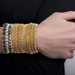 Steve Madden Yellow Gold Tone and Black Rhinestone Stretch Bangle Bracelet Set For Women, One Size (SMB488501GD)