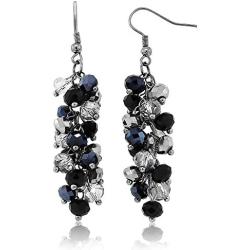 Gem Stone King 2inches Black and Silver Cluster Faceted Crystal Dangle Hook Earrings For Women