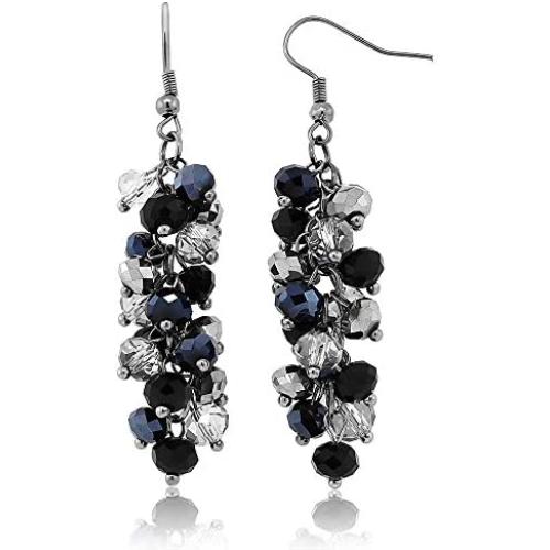 Gem Stone King 2inches Black and Silver Cluster Faceted Crystal Dangle Hook Earrings For Women