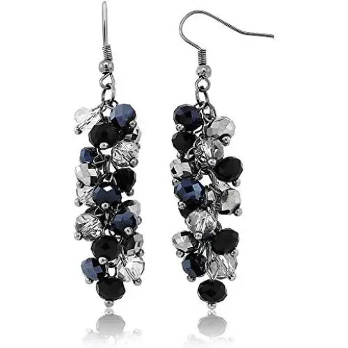 Gem Stone King 2inches Black and Silver Cluster Faceted Crystal Dangle Hook Earrings For Women