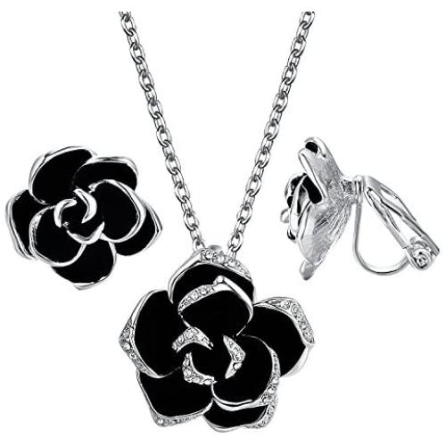 Yoursfs Flower Jewelry Set 18K Rose GP Sexy Flower Lacing with Rhinestones Clip Earrings&Necklace Ladies Jewelry Set