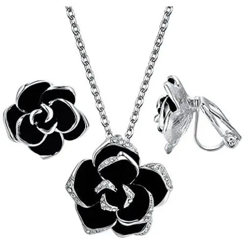 Yoursfs Flower Jewelry Set 18K Rose GP Sexy Flower Lacing with Rhinestones Clip Earrings&Necklace Ladies Jewelry Set