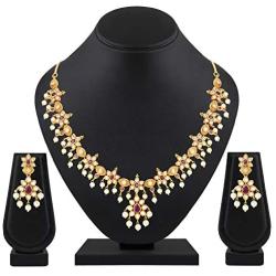 Aheli Faux Kundan and Simulated Red and Green Stone Ethnic Indian Wedding Necklace Earring Jewelry Set for Women