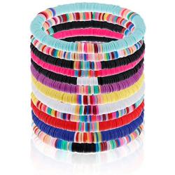 BOMAIL 12 Pcs Heishi Surfer Bracelets African Vinyl Disc 6mm Beads Polymer Clay Rainbow Bracelet Elastic Rope Bracelet Set Summer Beach Jewelry for Women Girls