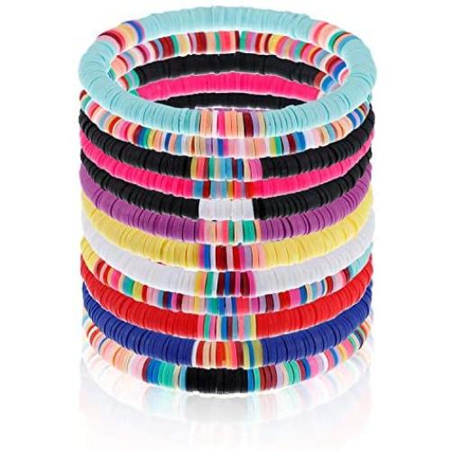 BOMAIL 12 Pcs Heishi Surfer Bracelets African Vinyl Disc 6mm Beads Polymer Clay Rainbow Bracelet Elastic Rope Bracelet Set Summer Beach Jewelry for Women Girls