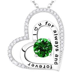 Mothers Day Birthday Gifts for mom Double Hearts Forever Love Infinity Jewelry April Simulated Diamond Birthstones Emerald Peridont and more stones Necklace for Wife Sterling Silver