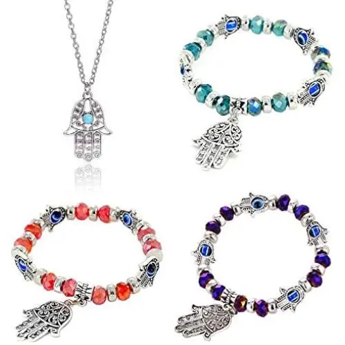 4 Pcs Evil Eye Palm of Fatima Beaded Stretch Bracelets Pendant Necklace Set Turquoise Protection Bracelets Exquisite Multi-Colored Crystals Bracelets for Women Teens New Year Friendship Jewelry Gifts 4 Pcs Evil Eye Palm of Fatima Beaded Stretch Bracelets Pendant Necklace Set Turquoise Protection Bracelets Exquisite Multi-Colored Crystals Bracelets for Women Teens New Year Friendship Jewelry Gifts