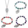 4 Pcs Evil Eye Palm of Fatima Beaded Stretch Bracelets Pendant Necklace Set Turquoise Protection Bracelets Exquisite Multi-Colored Crystals Bracelets for Women Teens New Year Friendship Jewelry Gifts