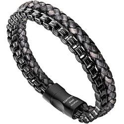 murtoo Mens Bracelet leather and Steel, Stainless Steel Chain and Leather Bracelets for Men