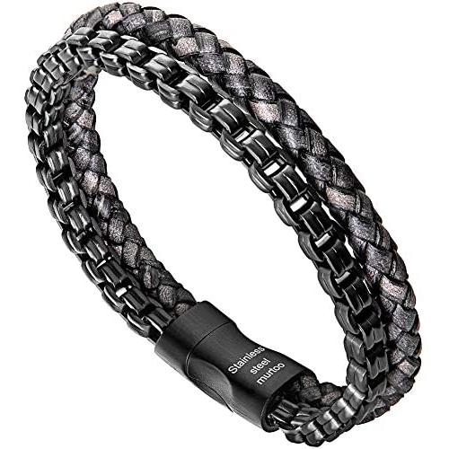 murtoo Mens Bracelet leather and Steel, Stainless Steel Chain and Leather Bracelets for Men