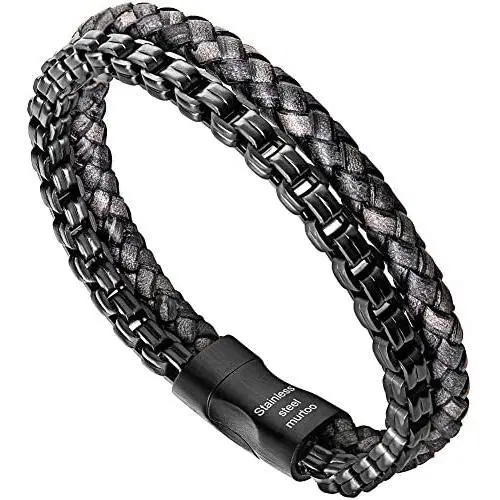 murtoo Mens Bracelet leather and Steel, Stainless Steel Chain and Leather Bracelets for Men