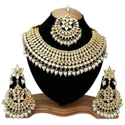 Finekraft Meena Kundan Bridal Wedding Designer Gold Plated Pearls Necklace Jewelry Set