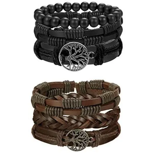 FIBO STEEL 12-17 Pcs Leather Bracelet for Men Women Woven Cuff Bracelet Adjustable