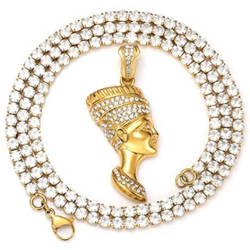ROWIN&CO Hip Hop Iced Out Bling CZ Diamond Gold Silver Vivid Egyptian Queen Nefertiti Charm Pendant Personalized Jewelry CZ Tennis Choker Chain Necklace