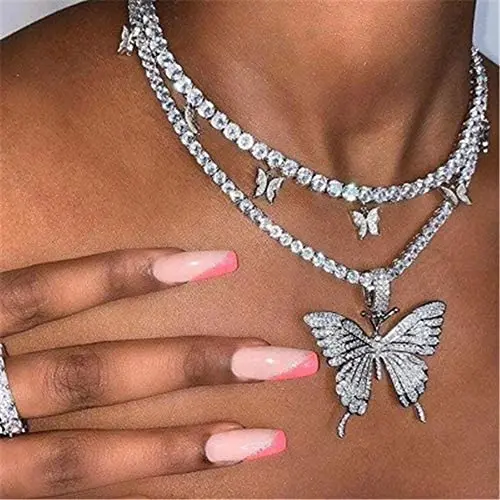 VESOCO Butterfly Choker Necklace Gorgeous 2 Layered Crystal Pendant Necklaces Sparkly Butterfly Chain Jewelry for Women (Silver) VESOCO Butterfly Choker Necklace Gorgeous 2 Layered Crystal Pendant Necklaces Sparkly Butterfly Chain Jewelry for Women (Silver)