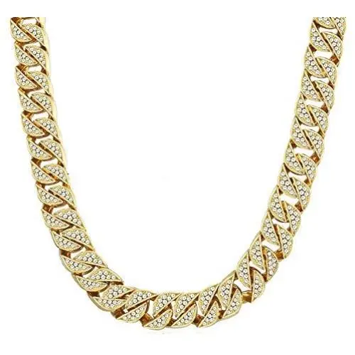 HUAMING 13mm Mens Iced Out Chain Necklace Hip Hop Gold Tone CZ Miami Cuban Link Chain Choker Necklace 18-26inchs HUAMING 13mm Mens Iced Out Chain Necklace Hip Hop Gold Tone CZ Miami Cuban Link Chain Choker Necklace 18-26inchs