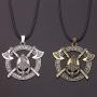 Norse Warrior Helmet Necklace for Men, Viking Runes Double Axe Pendant Necklace with 15.7”+1.9” Chain, Nordic Warriors Tribal Amulet Necklace, Leather Cord, Punk Viking Jewelry Gift