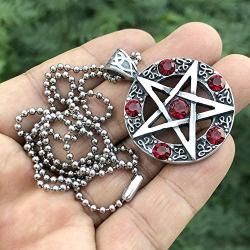 Wicca Jewelry Celtic Pentagram Pentacle Star Red Blood Crystal Gem Wiccan Pagan Witch Magic Healing Protection Amulet Pewter Mens Womens Pendant Necklace Charm for Men Women Silver Ball Chain