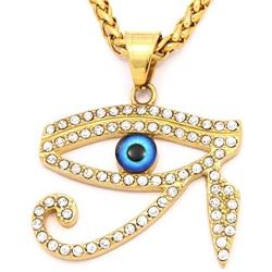 Warvik Green Opal Horus Eye Egypt CZ Stone Pendant Necklace Silver Color, Stainless Steel Jewelry Men Women Wheat Chain 20/28 Inch