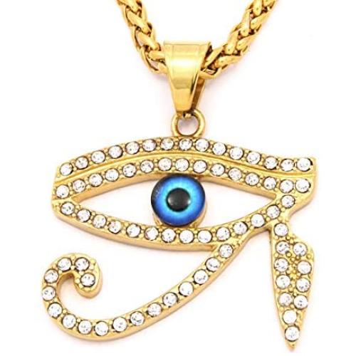 Warvik Green Opal Horus Eye Egypt CZ Stone Pendant Necklace Silver Color, Stainless Steel Jewelry Men Women Wheat Chain 20/28 Inch