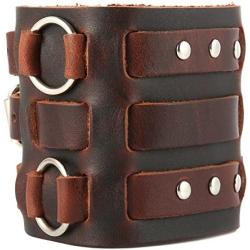 HZMAN Mens Alloy Ring Genuine Leather Bracelet Bangle Cuff Silver Tone Adjustable