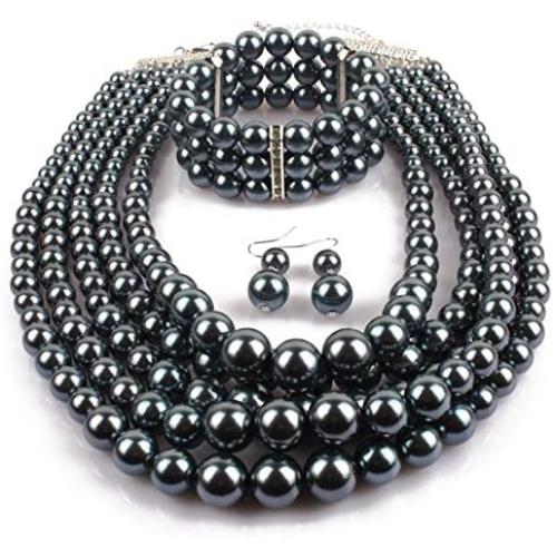 Fuqimanman2020 Multi Layer Faux Pearl Strand Bracelet Necklace Earrings Set Dainty Colorful Beaded Necklace Bracelet for Women Girls Jewelry