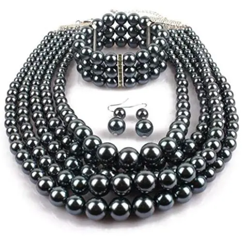Fuqimanman2020 Multi Layer Faux Pearl Strand Bracelet Necklace Earrings Set Dainty Colorful Beaded Necklace Bracelet for Women Girls Jewelry