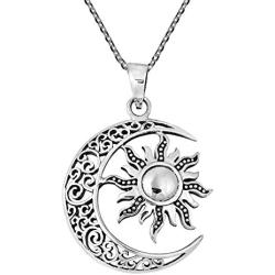 AeraVida Celtic Crescent Moon and Sun Eclipse .925 Sterling Silver Pendant Necklace