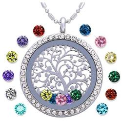 Family Tree of Life Floating Living Memory Locket Pendant Necklace with Birthstone, All Charms Included