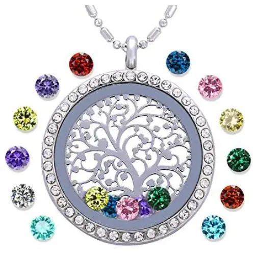 Family Tree of Life Floating Living Memory Locket Pendant Necklace with Birthstone, All Charms Included Family Tree of Life Floating Living Memory Locket Pendant Necklace with Birthstone, All Charms Included