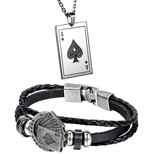 Aroncent Stainless Steel Necklace Braided Leather Rope Bracelet with Poker 2 Pcs Set Aroncent Stainless Steel Necklace Braided Leather Rope Bracelet with Poker 2 Pcs Set
