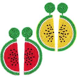 2 Pairs Fruit Watermelon Shape Drop Earrings Bohemian Seed Bead Earrings Handmade Beaded Dangle Studs Earrings for Women Girls Party Jewelry (Red, Yellow)